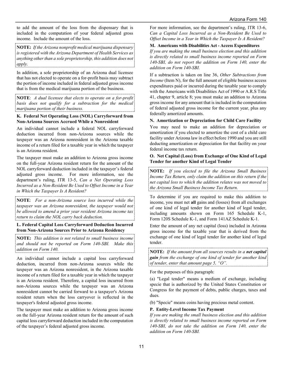 Instructions for Arizona Form 140, ADOR10413 Resident Personal Income Tax Form - Arizona, Page 11