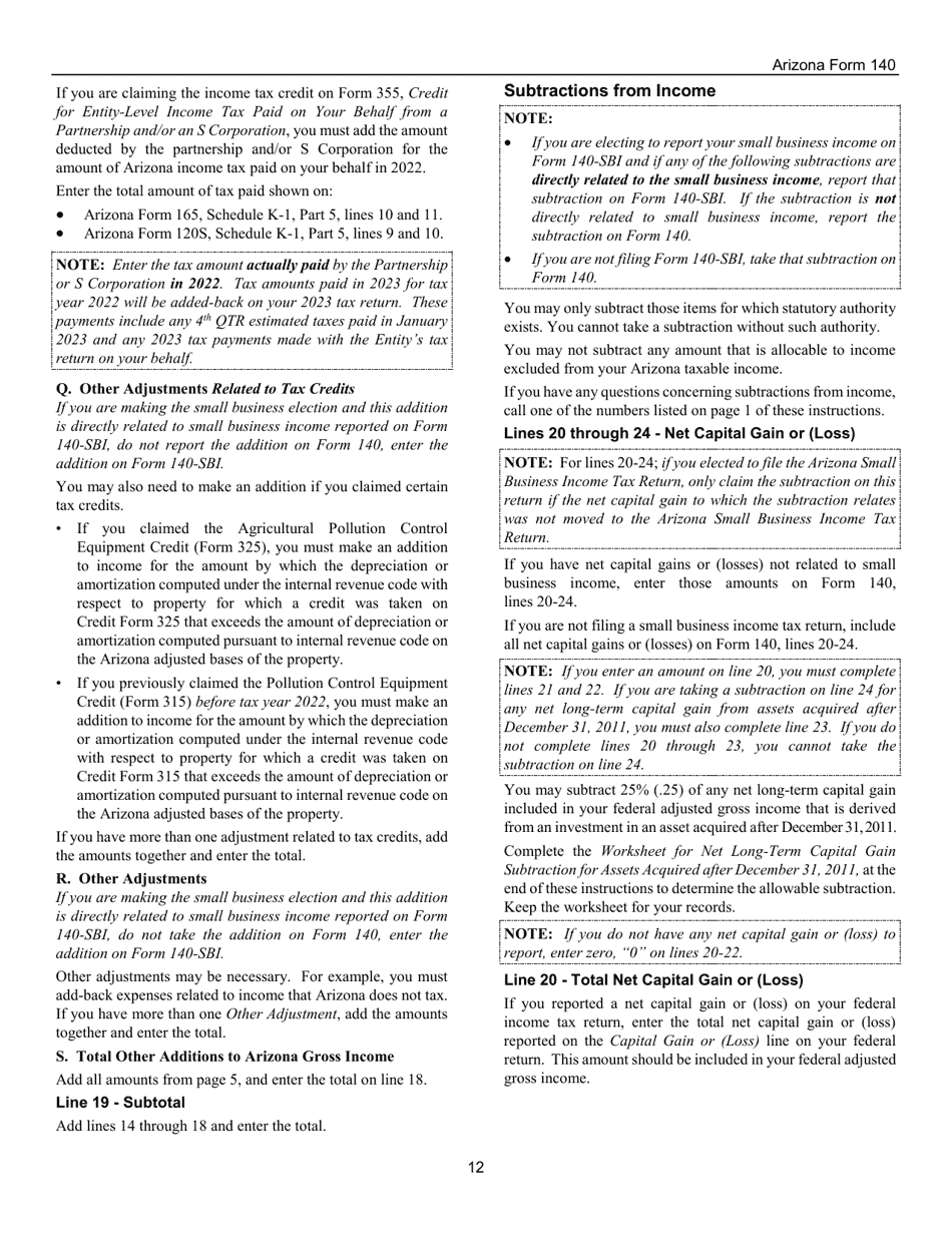 Instructions for Arizona Form 140, ADOR10413 Resident Personal Income Tax Form - Arizona, Page 12