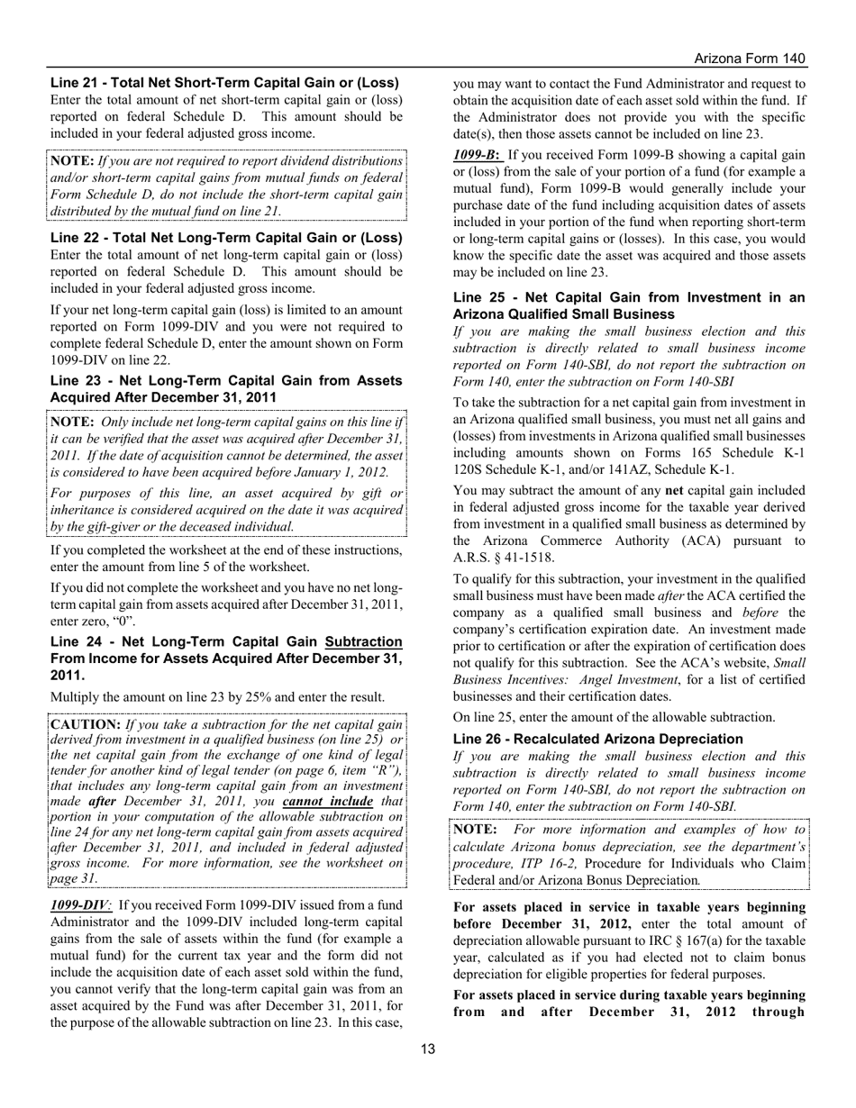 Instructions for Arizona Form 140, ADOR10413 Resident Personal Income Tax Form - Arizona, Page 13