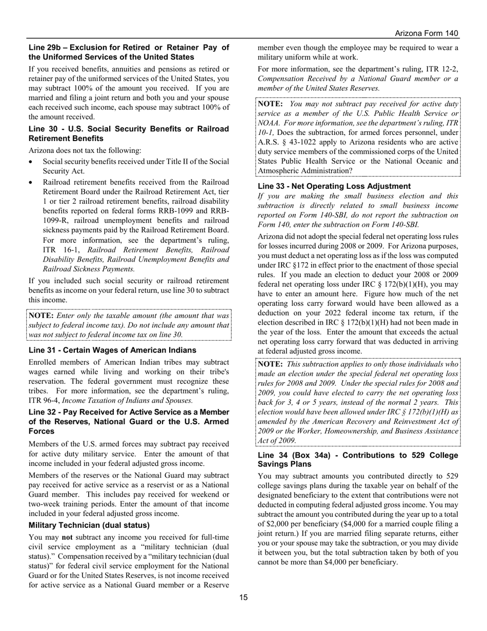 Instructions for Arizona Form 140, ADOR10413 Resident Personal Income Tax Form - Arizona, Page 15