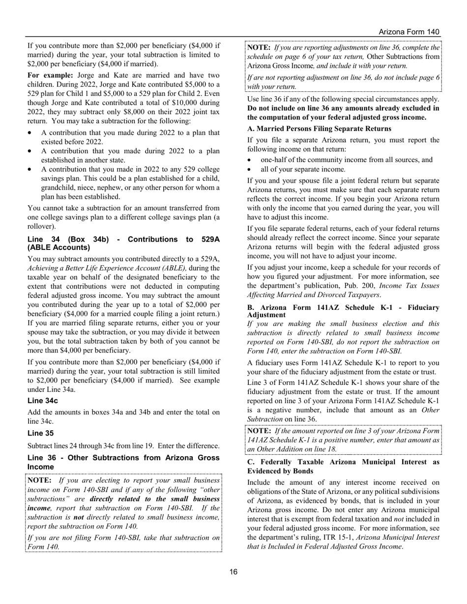 Instructions for Arizona Form 140, ADOR10413 Resident Personal Income Tax Form - Arizona, Page 16