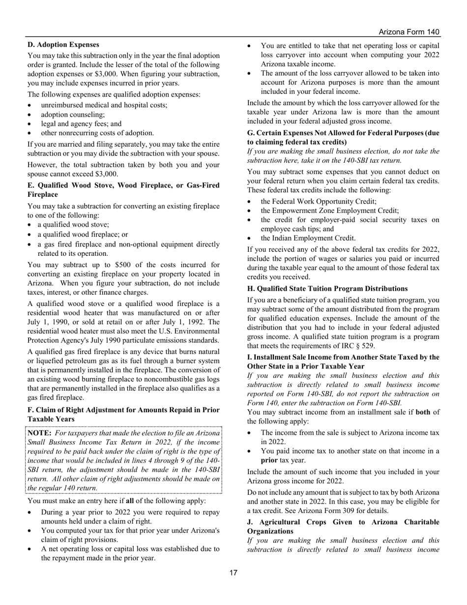 Instructions for Arizona Form 140, ADOR10413 Resident Personal Income Tax Form - Arizona, Page 17