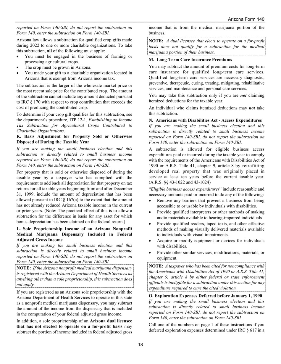 Instructions for Arizona Form 140, ADOR10413 Resident Personal Income Tax Form - Arizona, Page 18