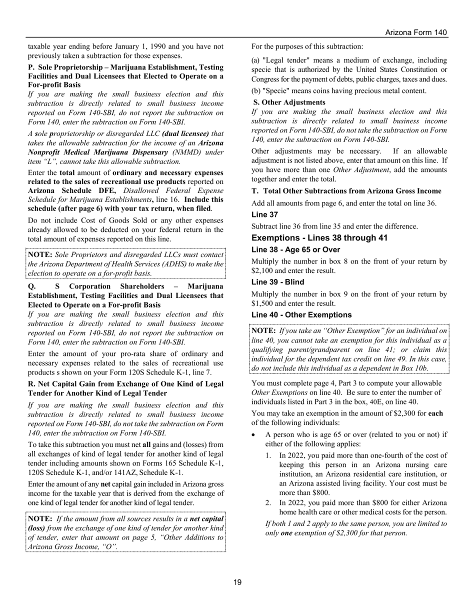 Instructions for Arizona Form 140, ADOR10413 Resident Personal Income Tax Form - Arizona, Page 19