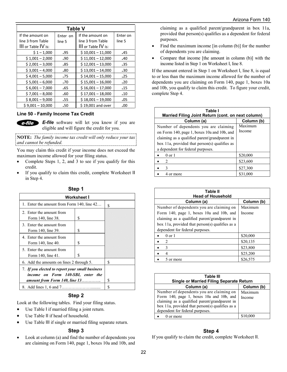 Instructions for Arizona Form 140, ADOR10413 Resident Personal Income Tax Form - Arizona, Page 22