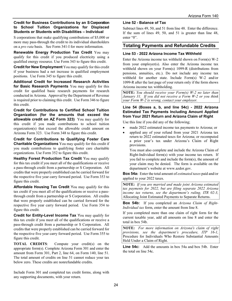 Instructions for Arizona Form 140, ADOR10413 Resident Personal Income Tax Form - Arizona, Page 24