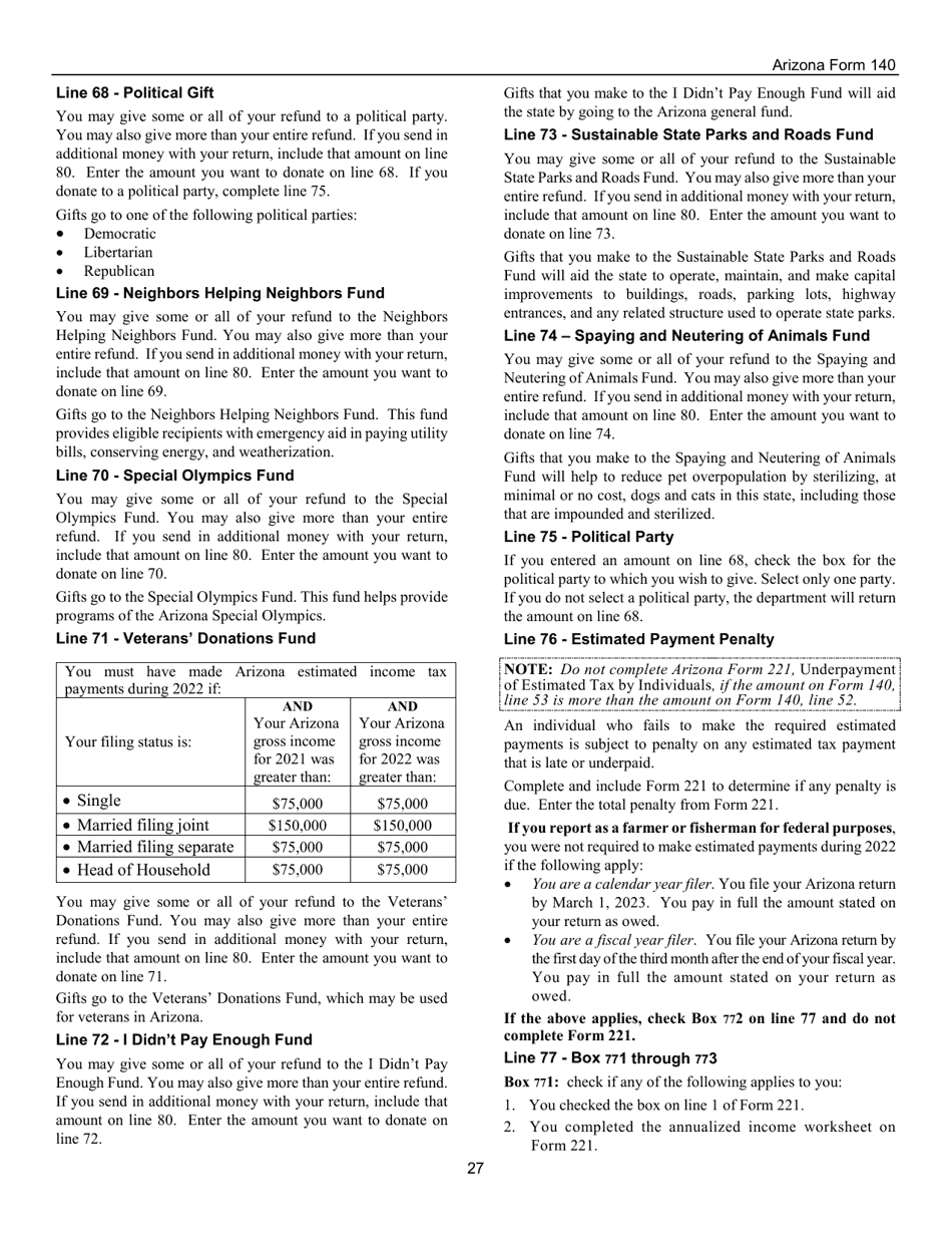 Instructions for Arizona Form 140, ADOR10413 Resident Personal Income Tax Form - Arizona, Page 27
