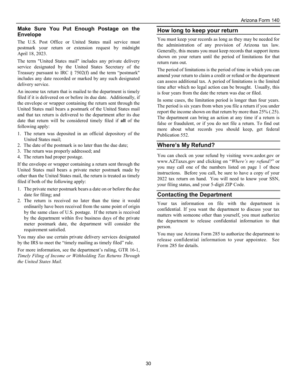 Instructions for Arizona Form 140, ADOR10413 Resident Personal Income Tax Form - Arizona, Page 30