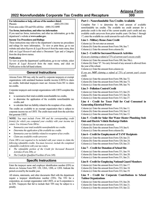 Instructions for Arizona Form 300, ADOR10128 Nonrefundable Corporate Tax Credits and Recapture - Arizona, 2022