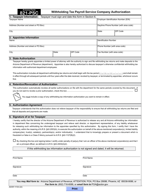 Arizona Form 821-PSC (ADOR11154) Withholding Tax Payroll Service Company Authorization - Arizona