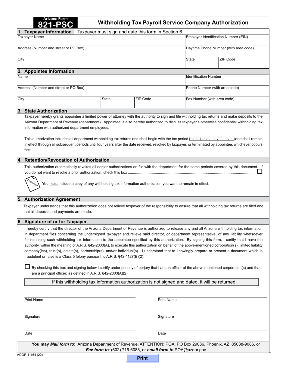 Arizona Form 821-PSC (ADOR11154) Withholding Tax Payroll Service Company Authorization - Arizona, Page 1