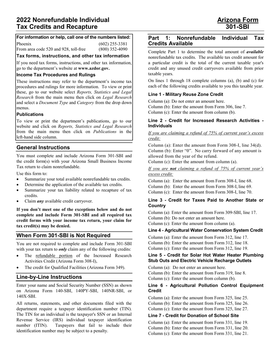 Instructions for Arizona Form 301-SBI, ADOR11405 Nonrefundable Individual Tax Credits and Recapture - Arizona, Page 1