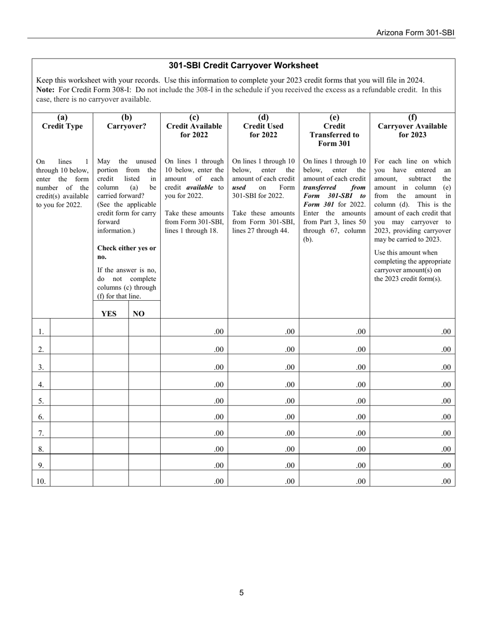 Instructions for Arizona Form 301-SBI, ADOR11405 Nonrefundable Individual Tax Credits and Recapture - Arizona, Page 5