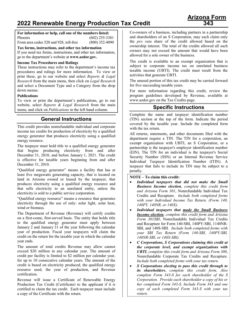 Download Instructions for Arizona Form 343, ADOR11146 Renewable Energy
