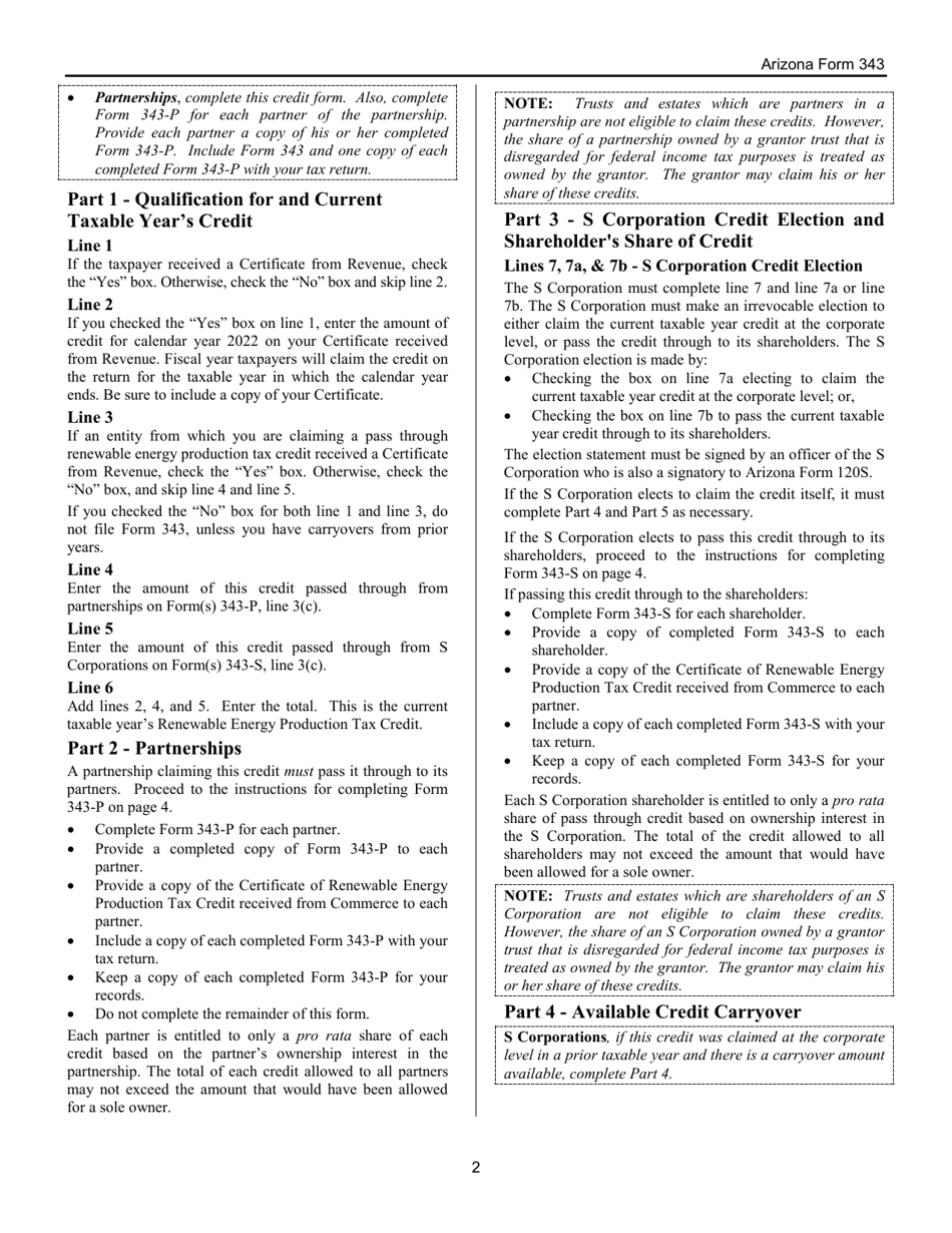 Instructions for Arizona Form 343, ADOR11146 Renewable Energy Production Tax Credit - Arizona, Page 2