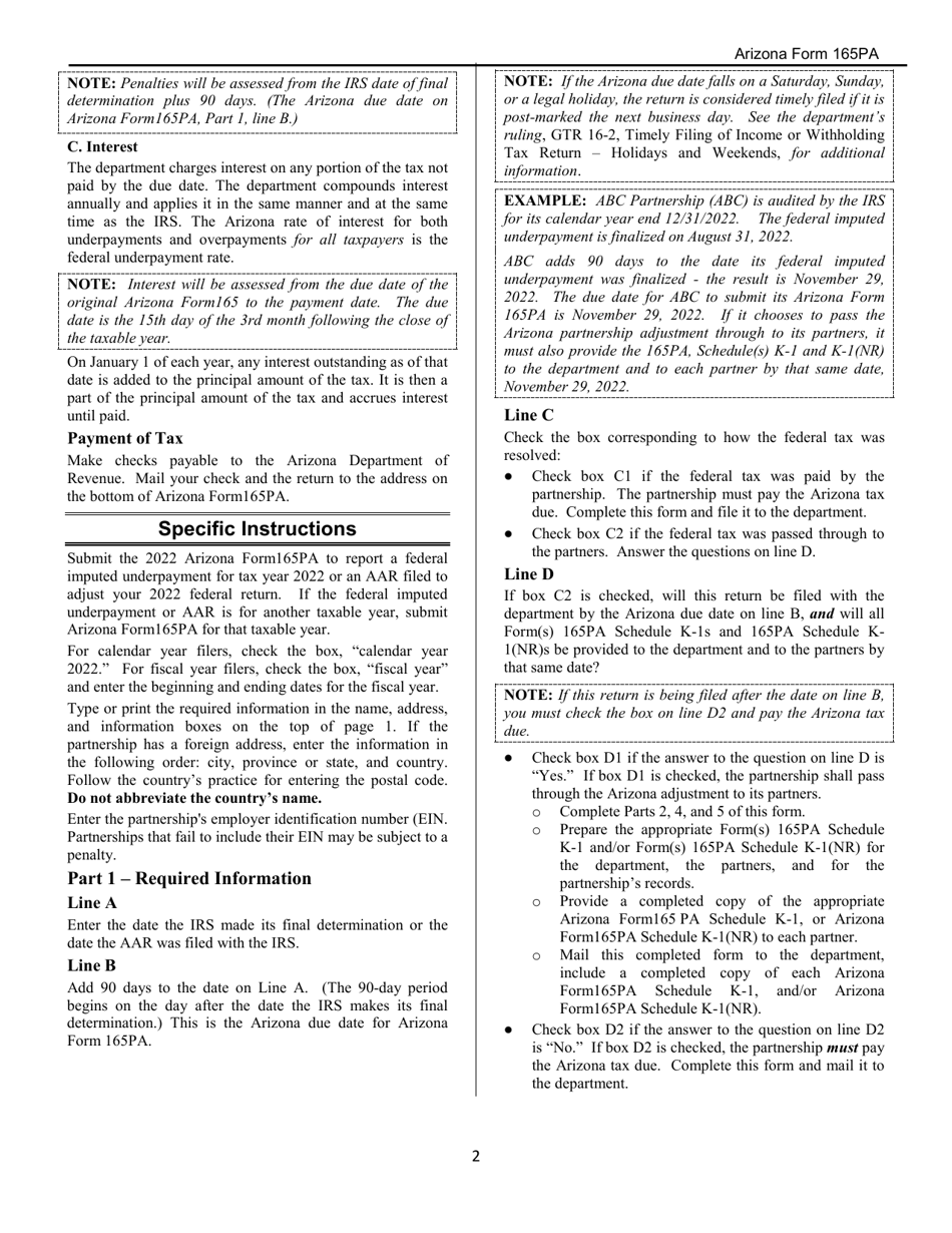 Instructions for Arizona Form 165PA, ADOR11291 Arizona Partnership Adjustment - Federal Imputed Underpayment Assessment - Arizona, Page 2