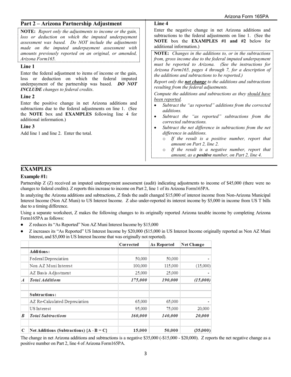 Instructions for Arizona Form 165PA, ADOR11291 Arizona Partnership Adjustment - Federal Imputed Underpayment Assessment - Arizona, Page 3