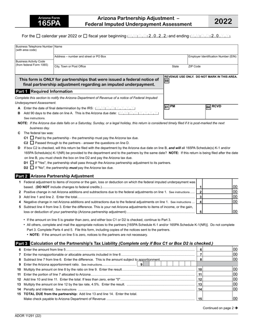 Arizona Form 165PA (ADOR11291) Arizona Partnership Adjustment - Federal Imputed Underpayment Assessment - Arizona, 2022
