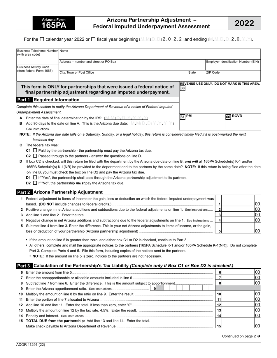 Arizona Form 165PA (ADOR11291) Arizona Partnership Adjustment - Federal Imputed Underpayment Assessment - Arizona, Page 1