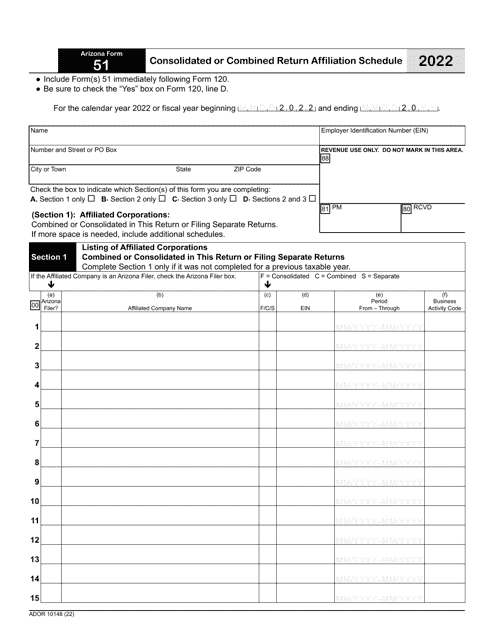 Arizona Form 51 (ADOR10148) Consolidated or Combined Return Affiliation Schedule - Arizona, 2022
