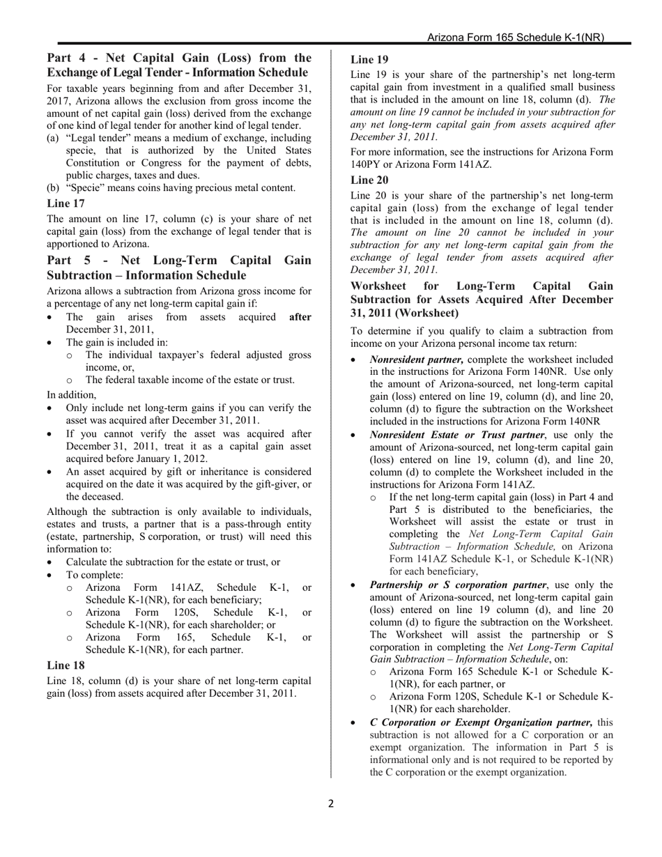 Download Instructions For Arizona Form 165 Ador10345 Schedule K 1nr Nonresident And Out Of 0012