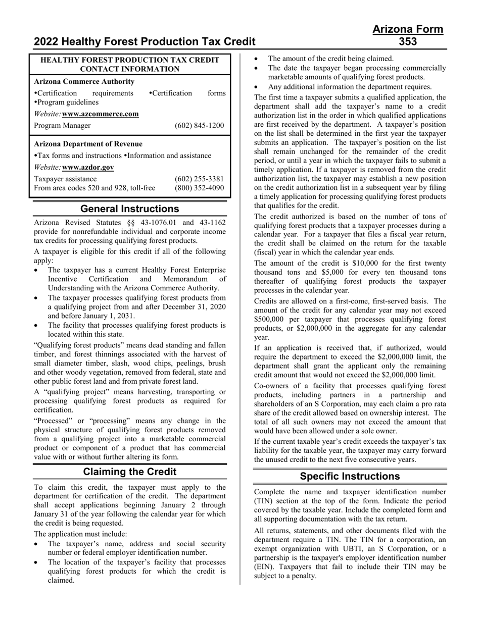 Instructions for Arizona Form 353, ADOR11394 Healthy Forest Production Tax Credit - Arizona, Page 1