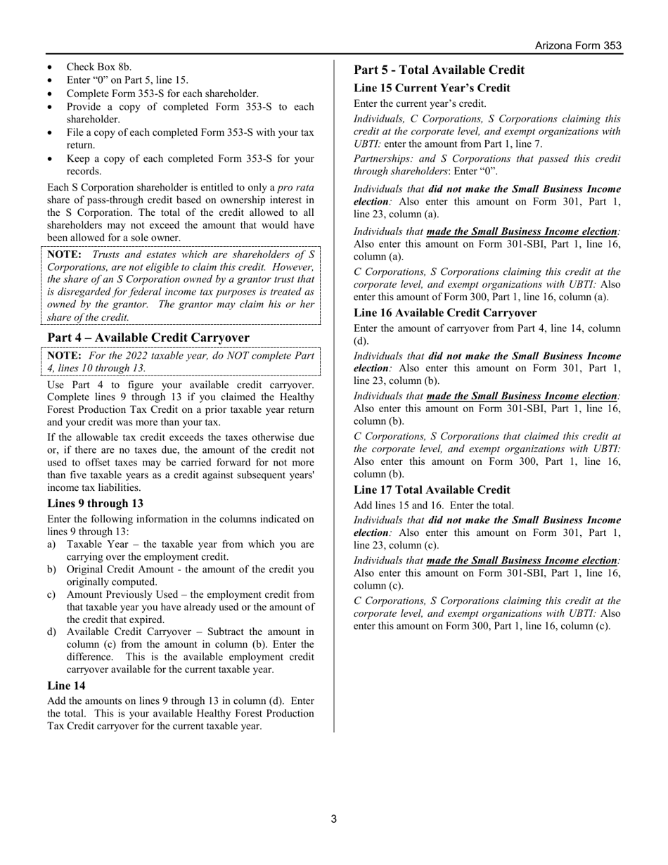 Instructions for Arizona Form 353, ADOR11394 Healthy Forest Production Tax Credit - Arizona, Page 3