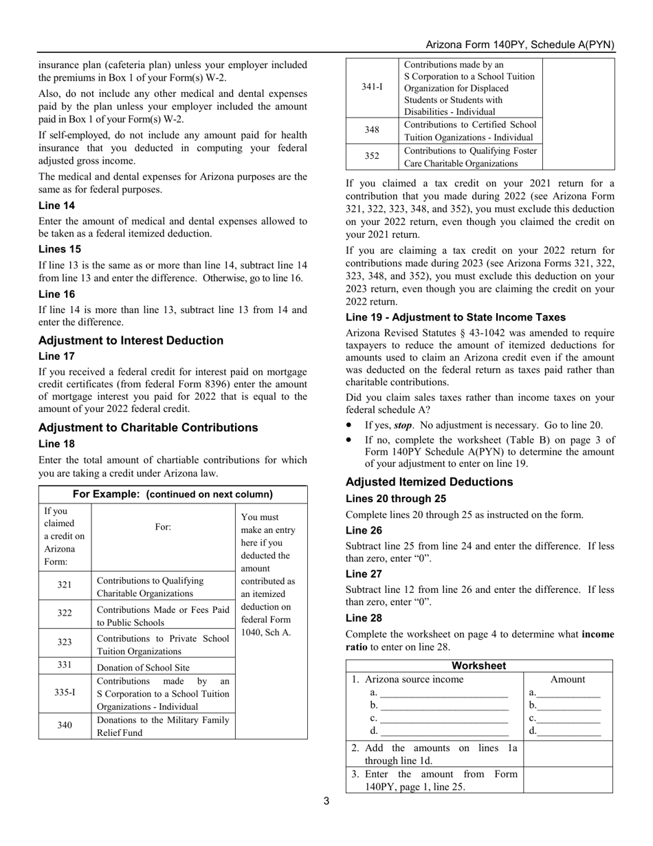 Instructions for Arizona Form 140PY, ADOR10176 Schedule A(PYN) Itemized Deductions for Part-Year Residents Who Also Had Arizona Source Income During the Period of the Year While a Nonresident - Arizona, Page 3