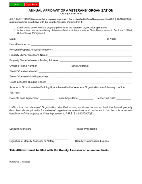Form DOR82132-V Annual Affidavit of a Veterans' Organization - Arizona