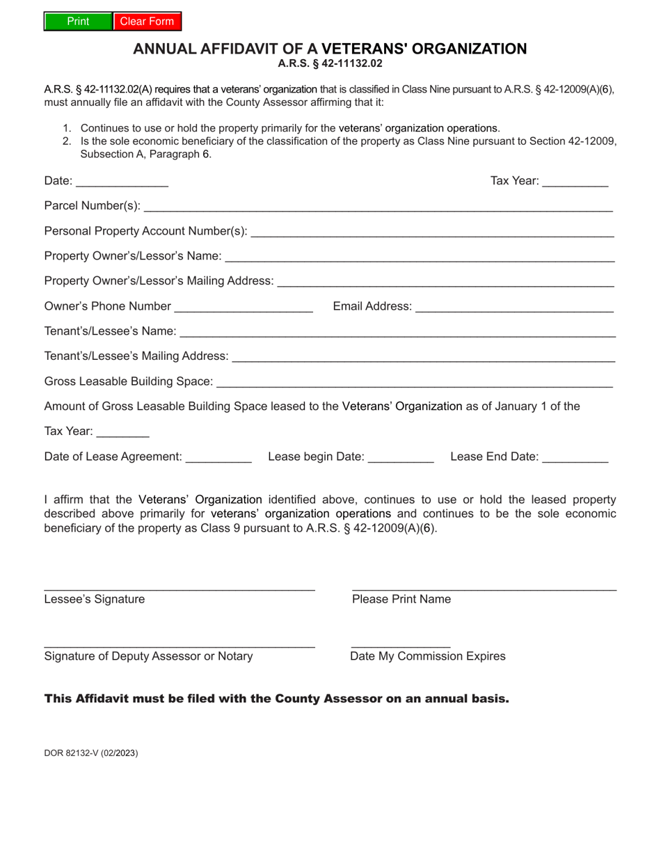 Form DOR82132-V Annual Affidavit of a Veterans Organization - Arizona, Page 1