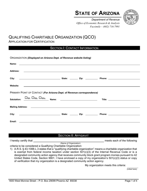 Form 01-QCO Application for Certification for Qualifying Charitable Organization - Arizona
