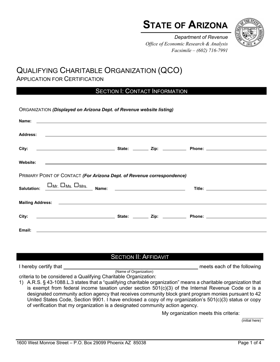 Form 01QCO Fill Out, Sign Online and Download Printable PDF, Arizona