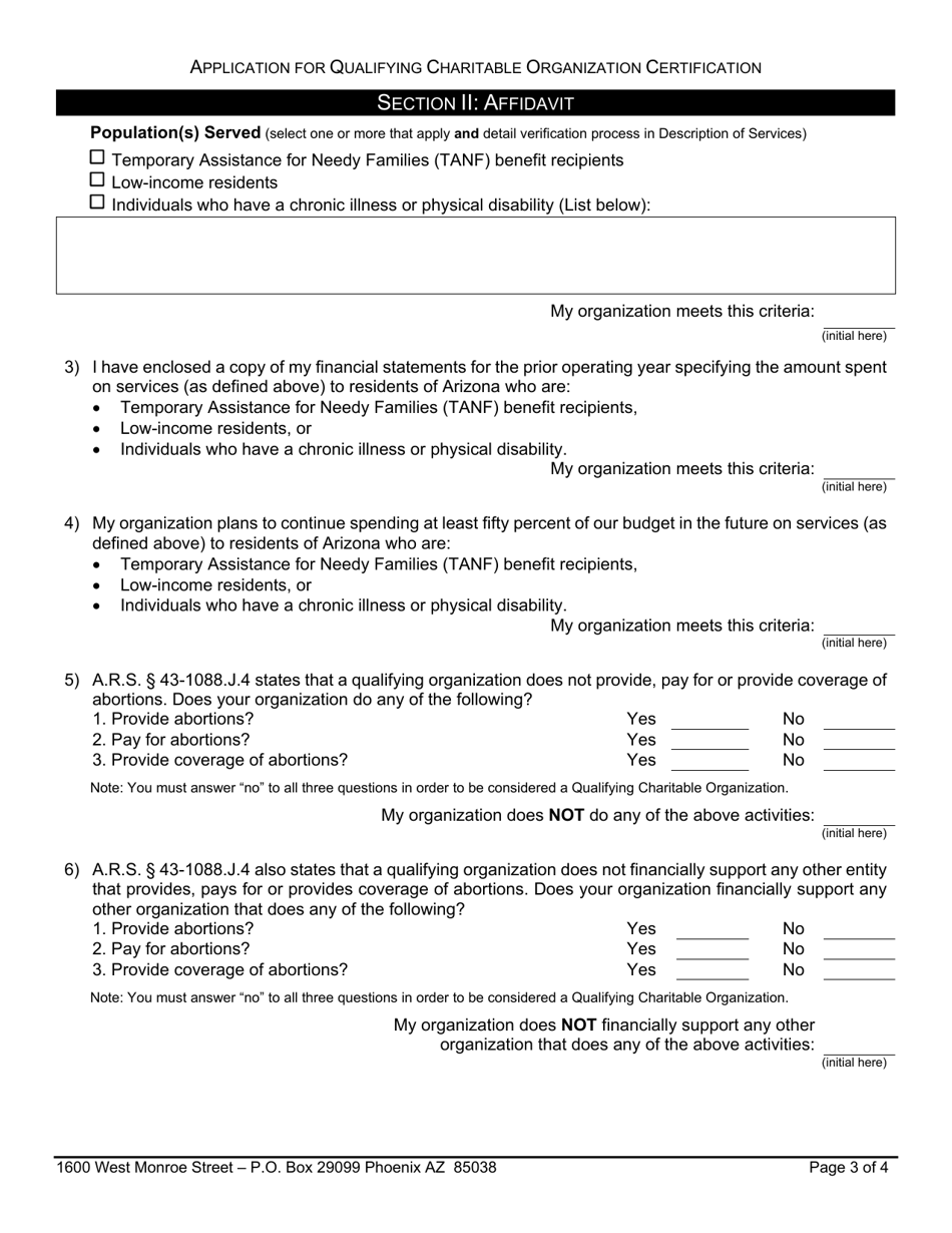 Form 01-QCO Application for Certification for Qualifying Charitable Organization - Arizona, Page 3