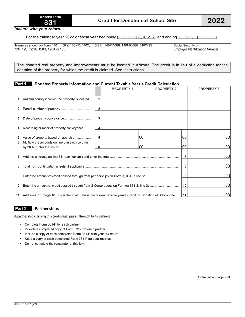 Arizona Form 331 (ADOR10537) - 2022 - Fill Out, Sign Online and ...