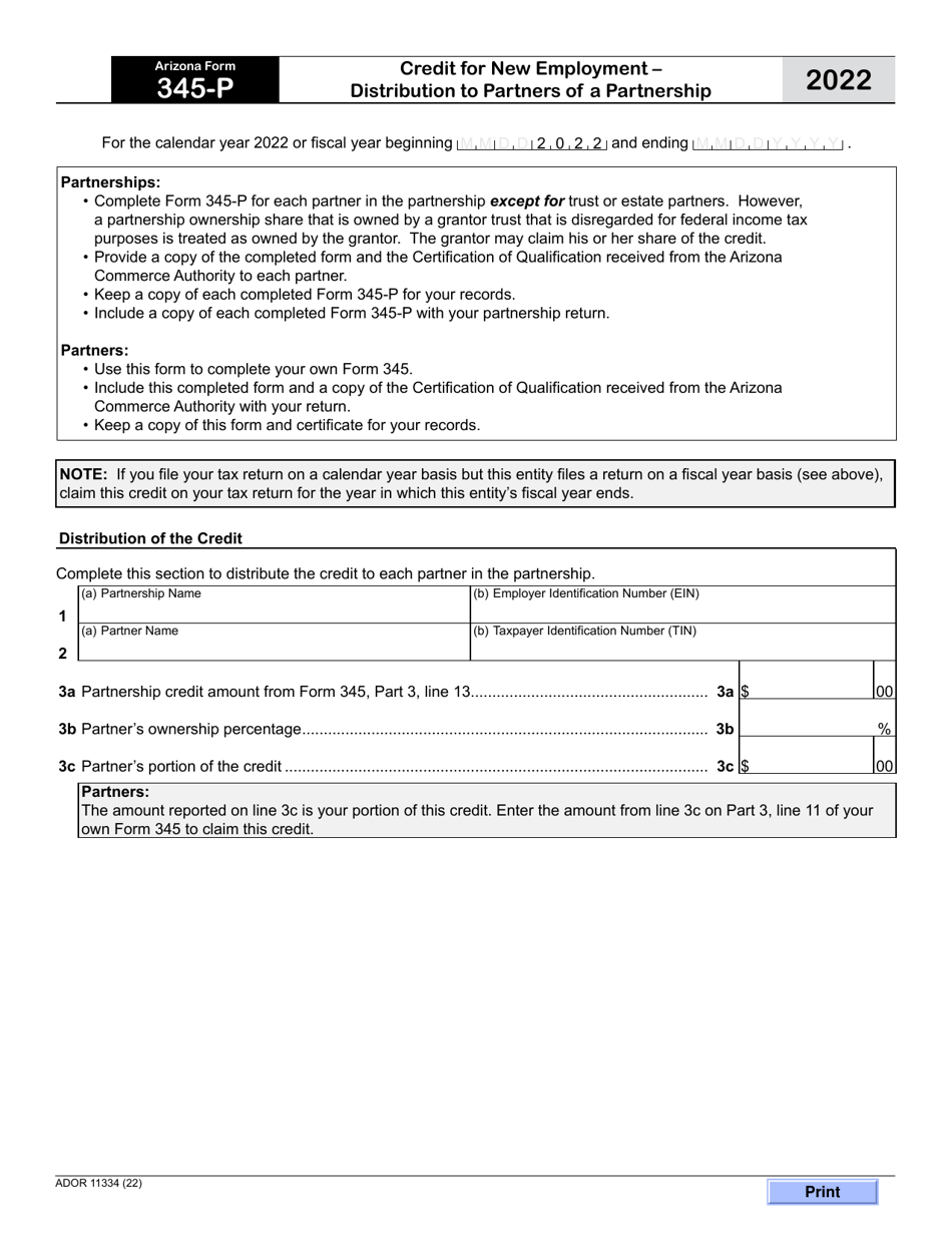 Arizona Form 345-P (ADOR11334) Credit for New Employment - Distribution to Partners of a Partnership - Arizona, Page 1