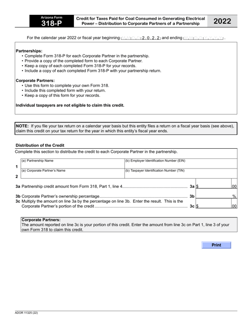 Arizona Form 318-P (ADOR11325) 2022 Printable Pdf