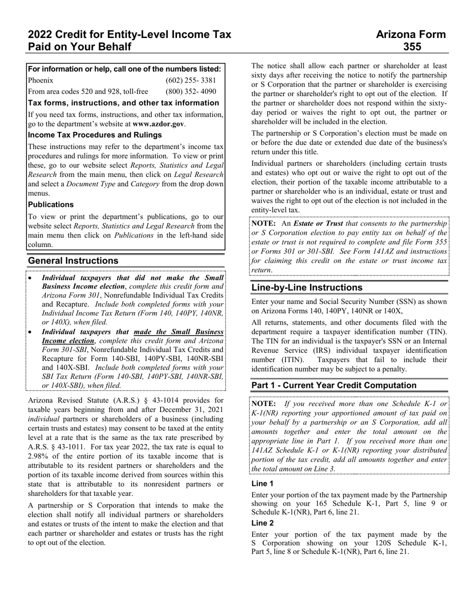 Instructions for Arizona Form 355, ADOR11417 Credit for Entity-Level Income Tax Paid on Your Behalf - Arizona, Page 1