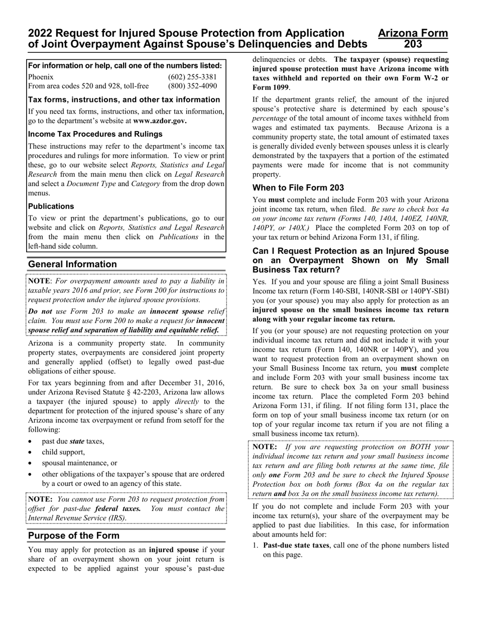 Download Instructions for Arizona Form 203, ADOR11310 Request for