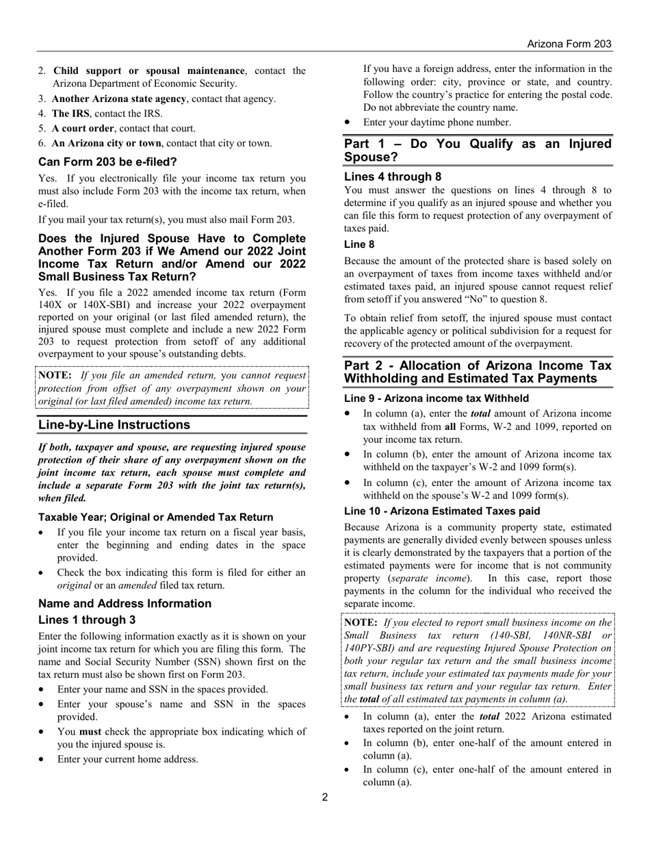 Instructions for Arizona Form 203, ADOR11310 Request for Injured Spouse Protection From Application of Joint Overpayment Against Spouses Delinquencies and Debts - Arizona, Page 2
