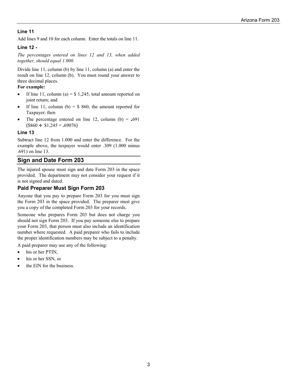Instructions for Arizona Form 203, ADOR11310 Request for Injured Spouse Protection From Application of Joint Overpayment Against Spouses Delinquencies and Debts - Arizona, Page 3