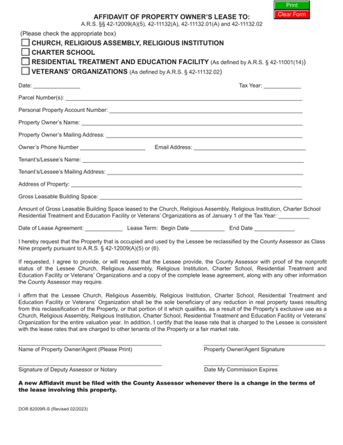 Form DOR82009R-S Affidavit of Property Owner's Lease - Arizona