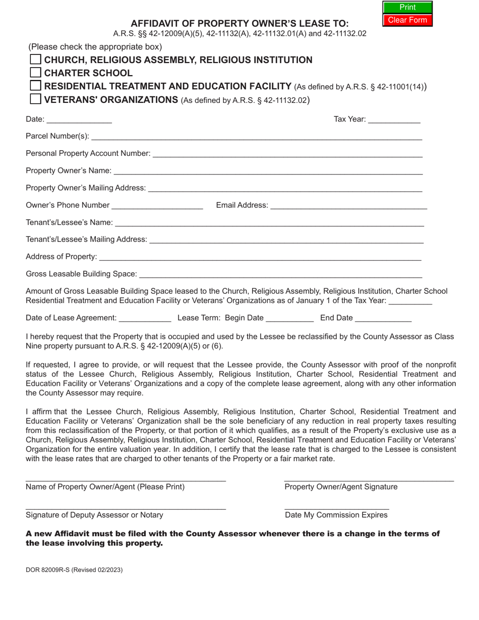 Form DOR82009R-S Affidavit of Property Owners Lease - Arizona, Page 1