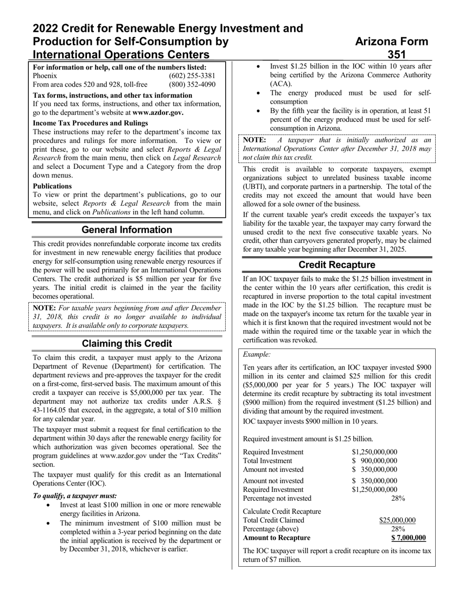 Instructions for Arizona Form 351, ADOR11222, Arizona Form 351-P, ADOR11248 - Arizona, Page 1