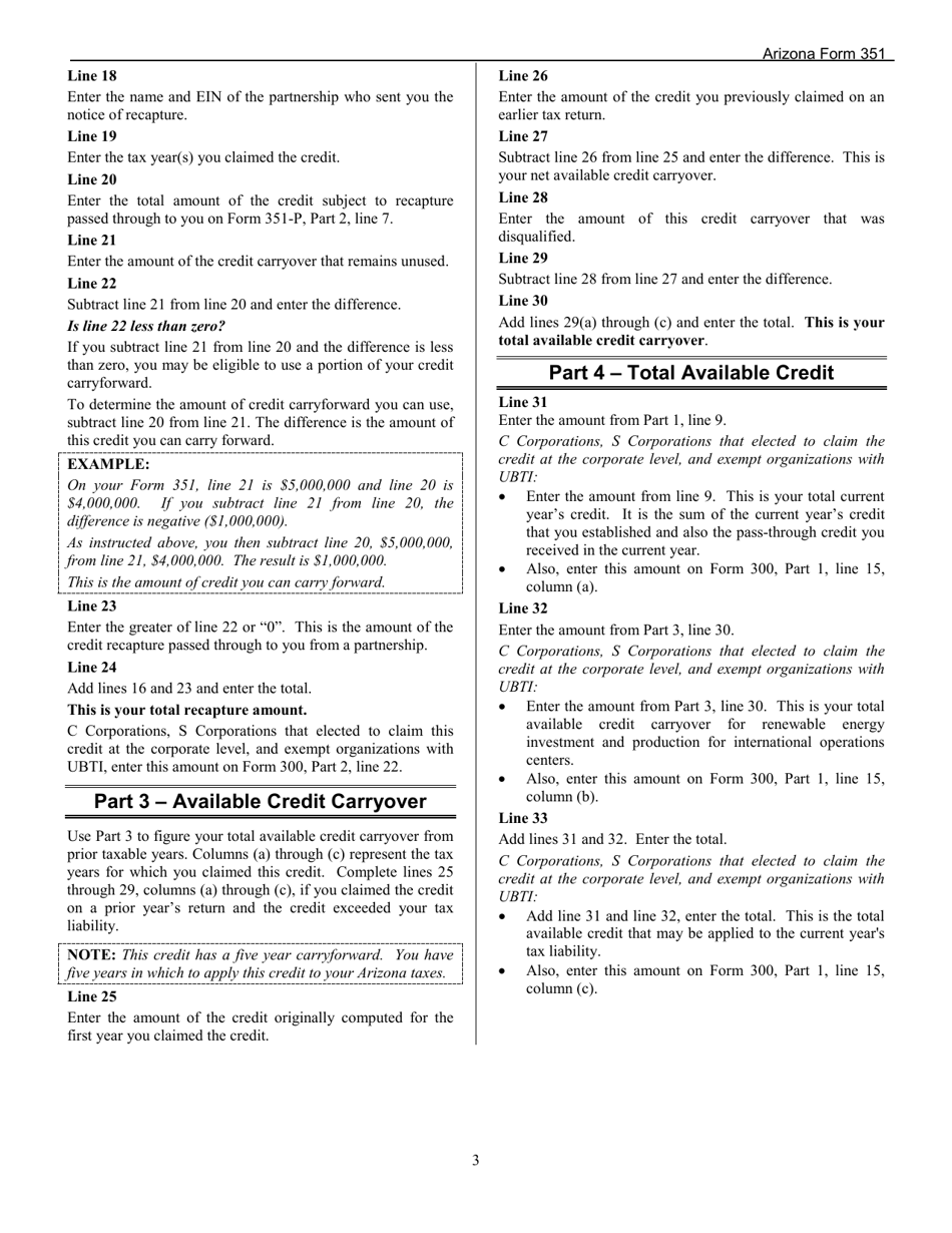 Instructions for Arizona Form 351, ADOR11222, Arizona Form 351-P, ADOR11248 - Arizona, Page 3