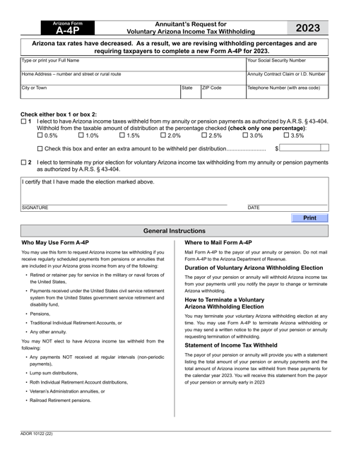 Arizona Form A-4P (ADOR10122) Annuitant&#039;s Request for Voluntary Arizona Income Tax Withholding - Arizona, 2023