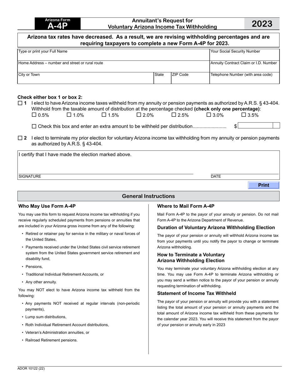 Arizona Form A4P (ADOR10122) Download Fillable PDF or Fill Online