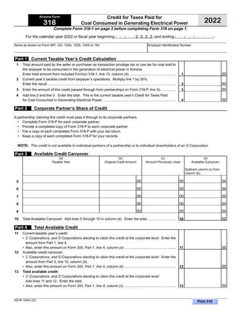 Arizona Form 318 (ADOR10942) 2022 Printable Pdf