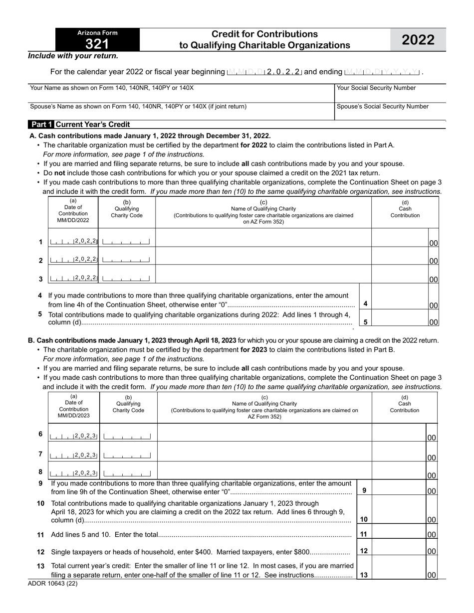 Arizona Form 321 (ADOR10643) Credit for Contributions to Qualifying Charitable Organizations - Arizona, Page 1