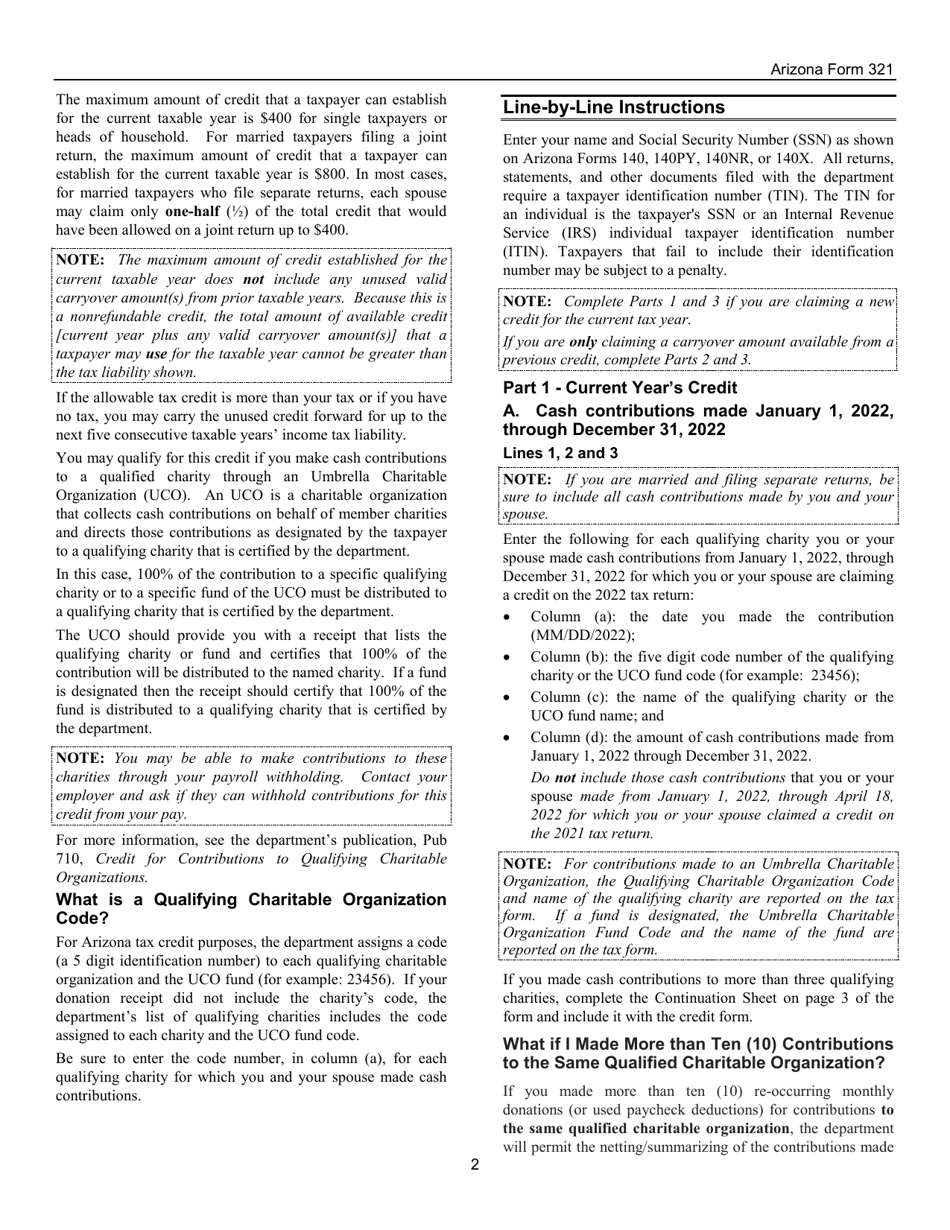 Instructions for Arizona Form 321, ADOR10643 Credit for Contributions to Qualifying Charitable Organizations - Arizona, Page 2