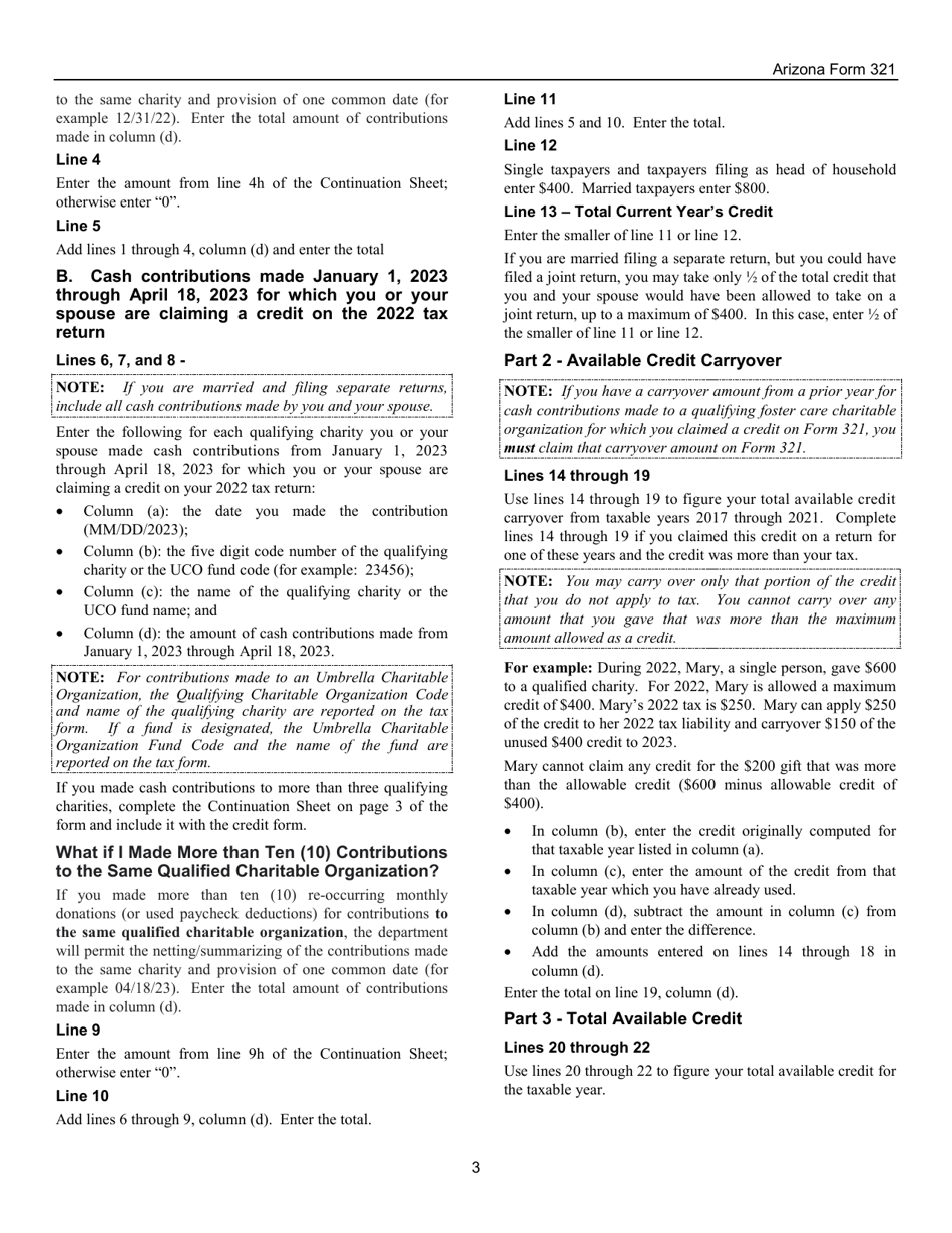 Instructions for Arizona Form 321, ADOR10643 Credit for Contributions to Qualifying Charitable Organizations - Arizona, Page 3